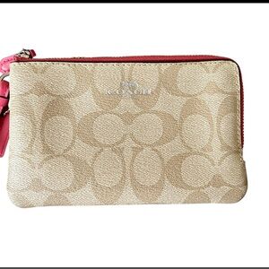 Coach Signature Beige Wallet with Pink Trim